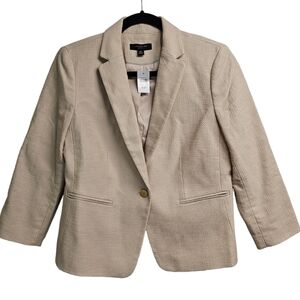 Ann Taylor Linen Pant Suit Womens Size 10P Ivory Khaki Blazer with Gold buttons